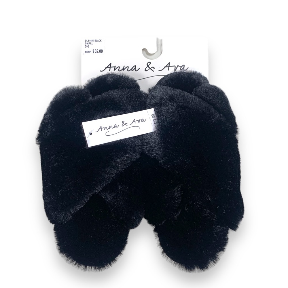 Anna & Ava Black Plush Faux Fur X Band Slide Slippers Sz S 5-6